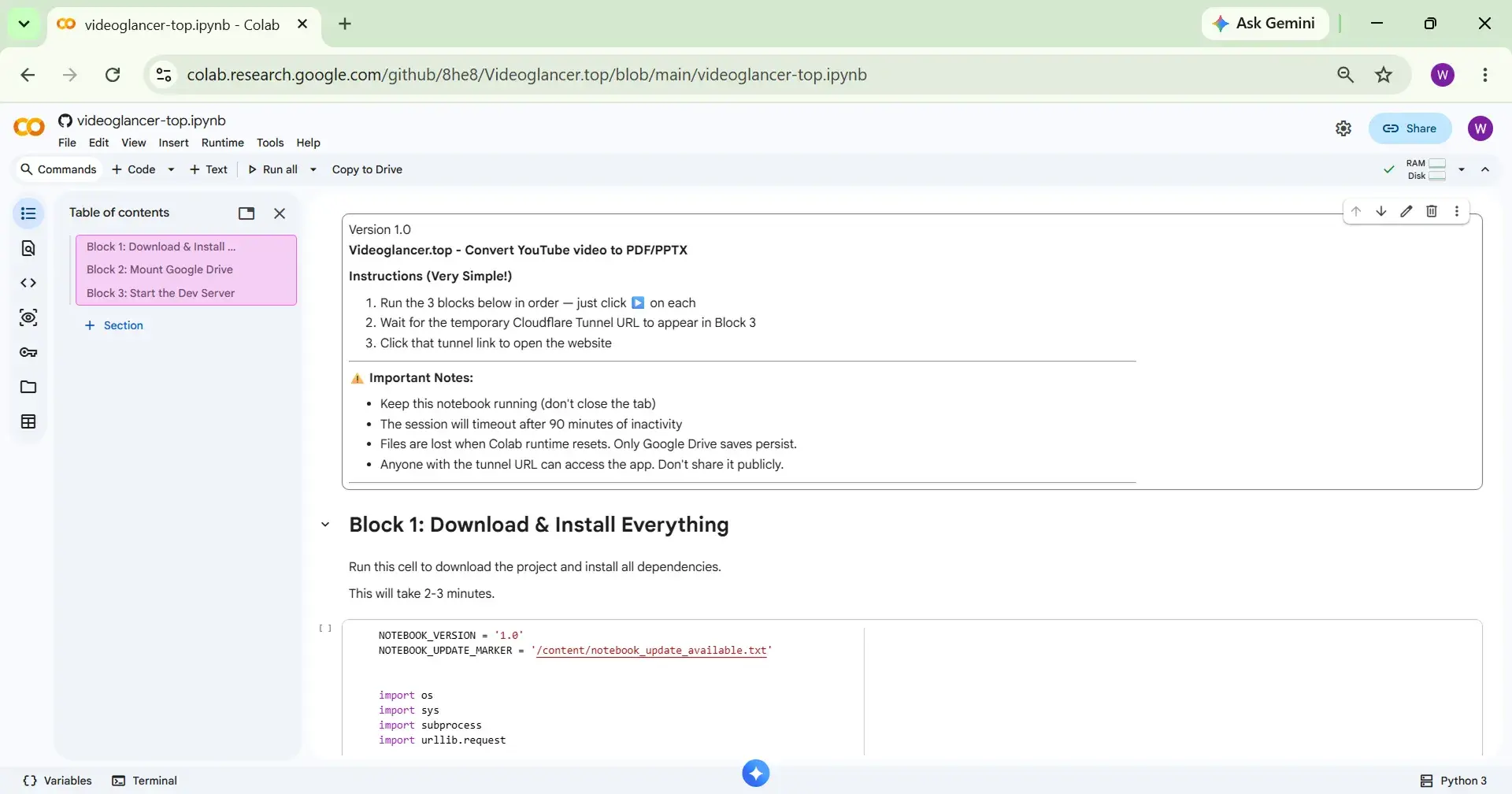 Three blocks in the notebook Three code blocks to execute