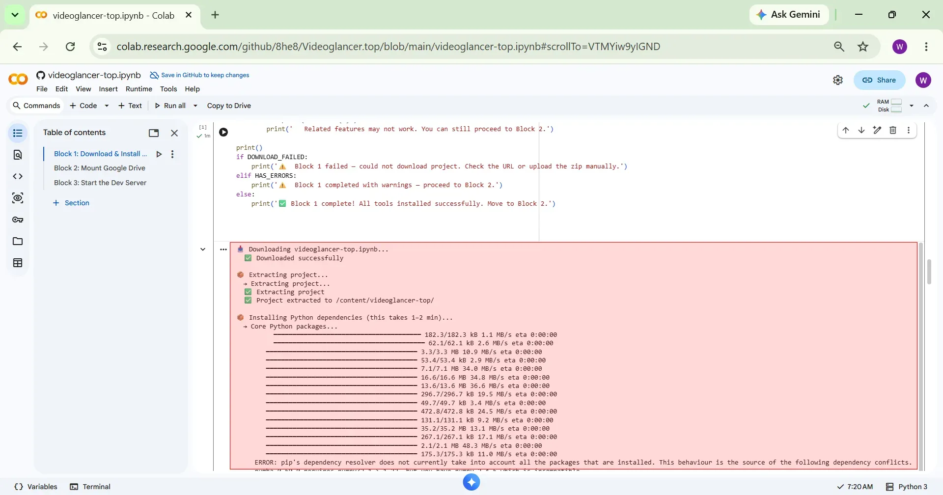 Block 1 execution logs part 1