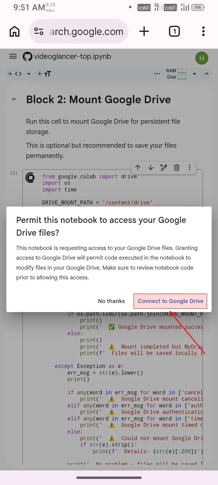 Connect to Google Drive popup