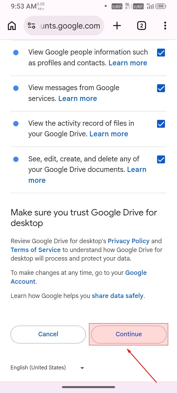 Click Continue to confirm