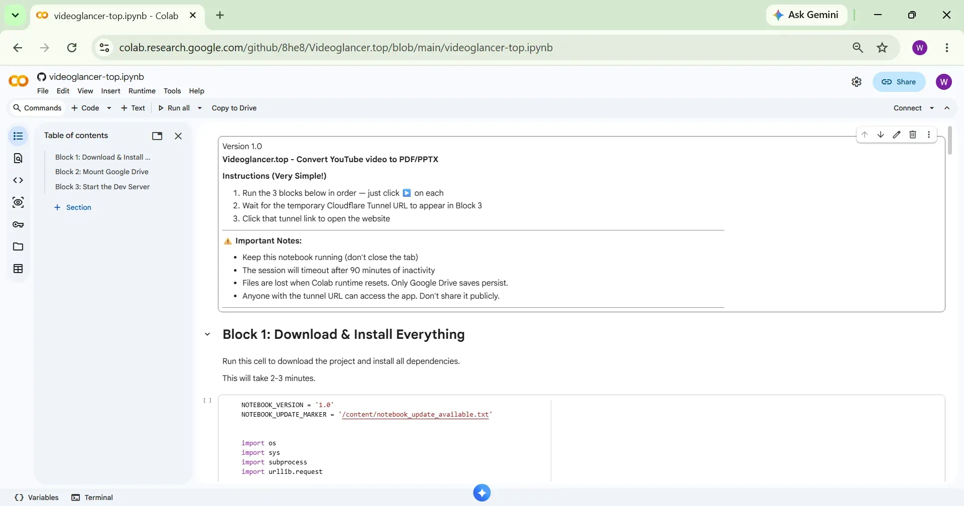 Colab notebook opened in browser