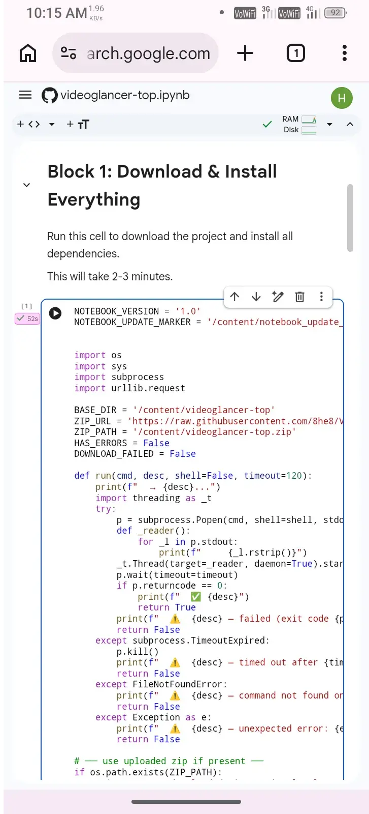 Code block completed Block 1 executed