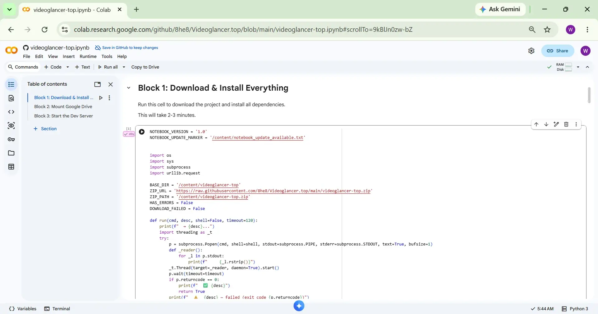 Code block completed Block 1 executed