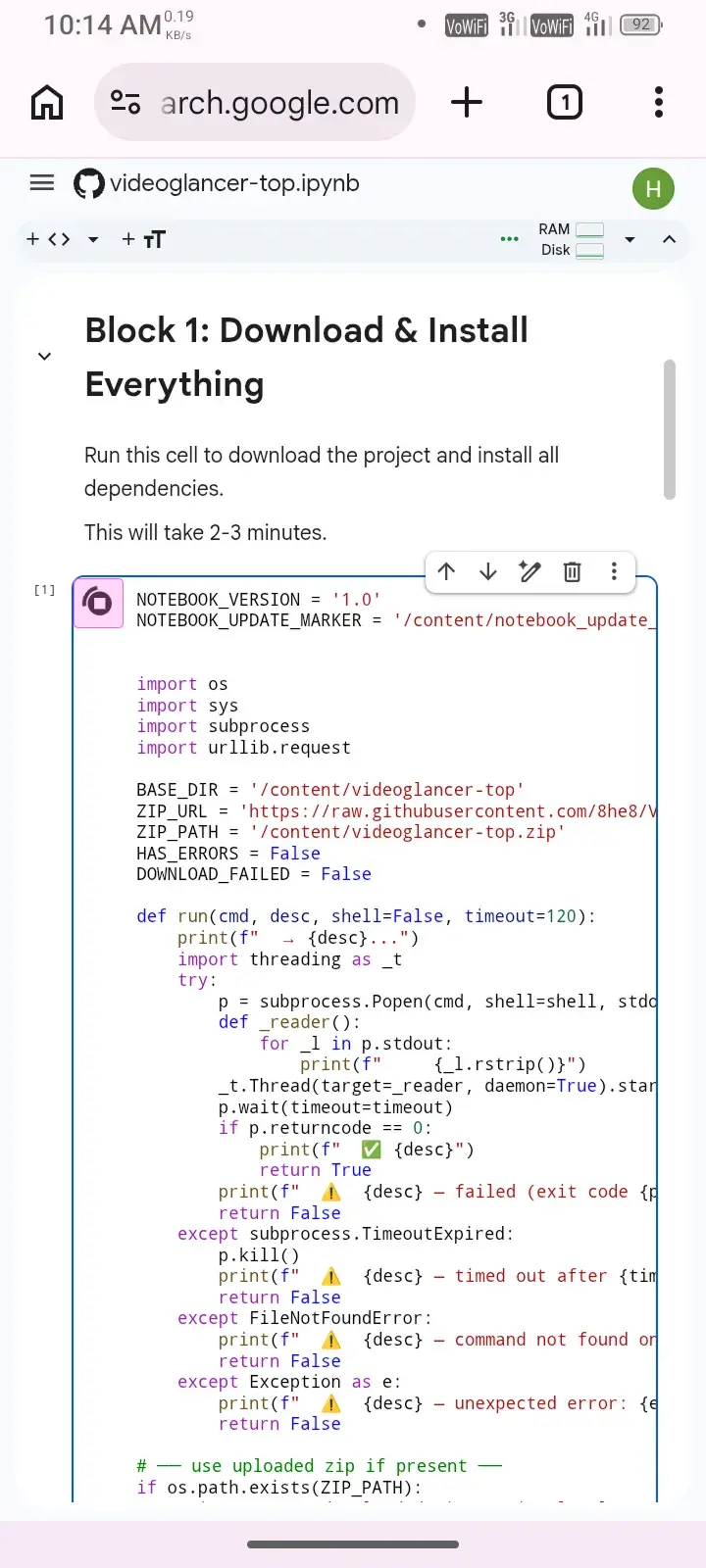 Code block running Block 1 executing