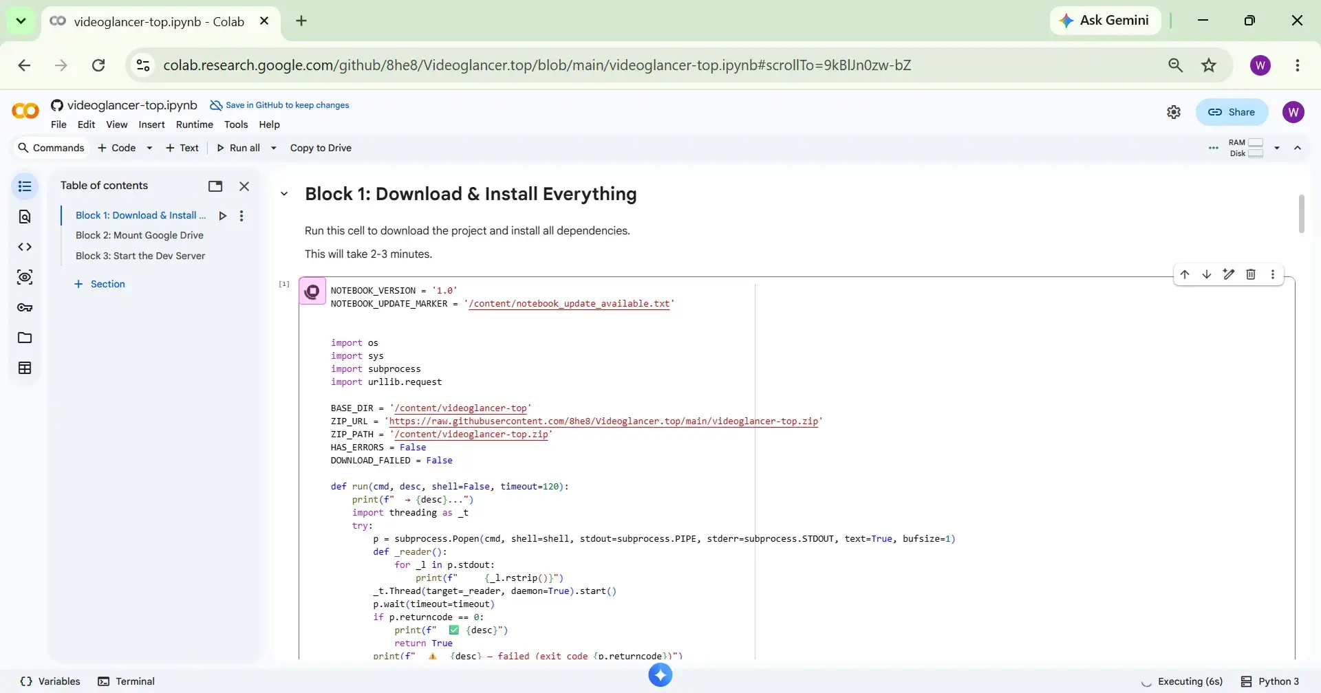 Code block running Block 1 executing