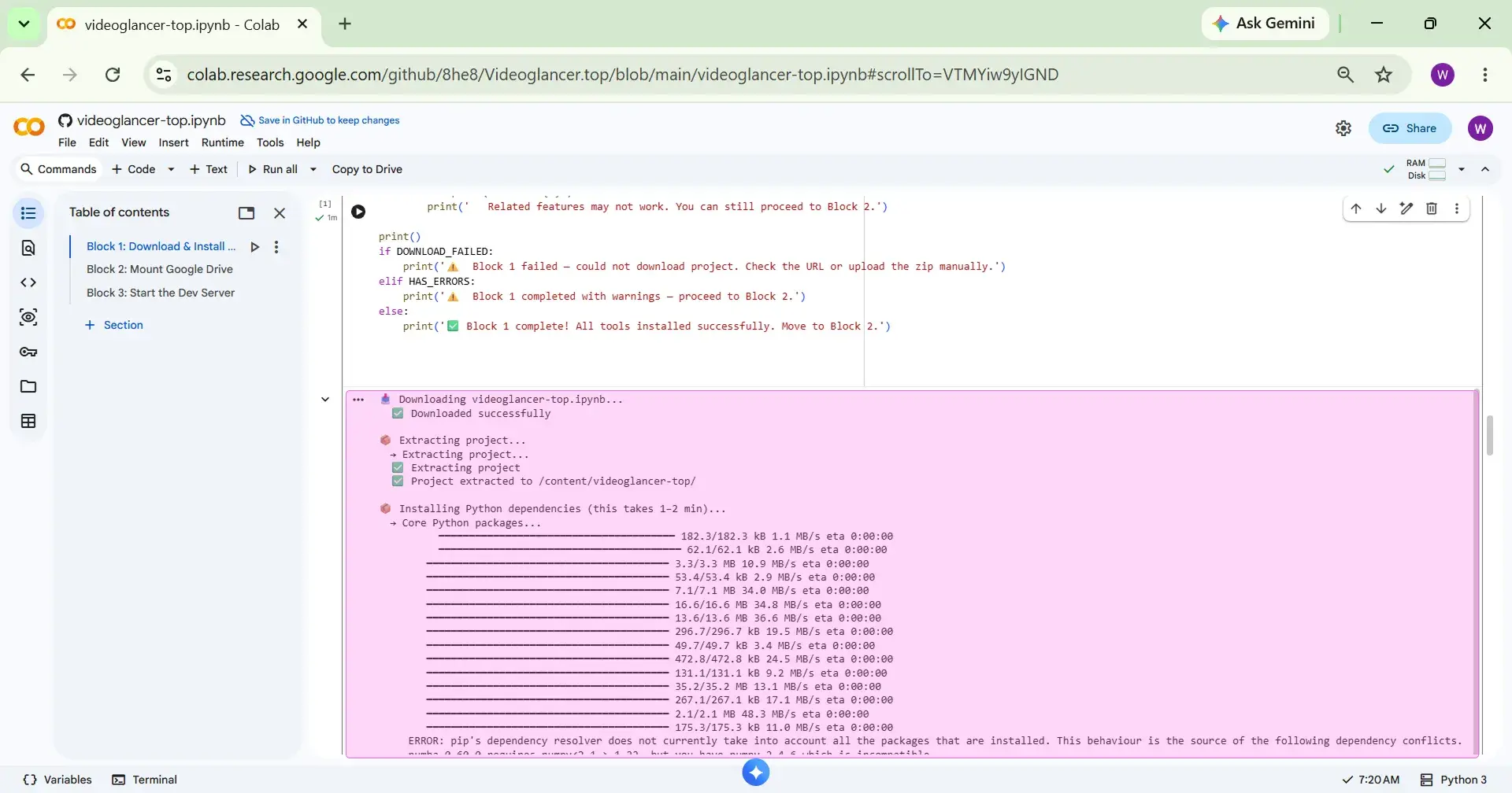 Logs after code completion Block 1 execution logs part 1
