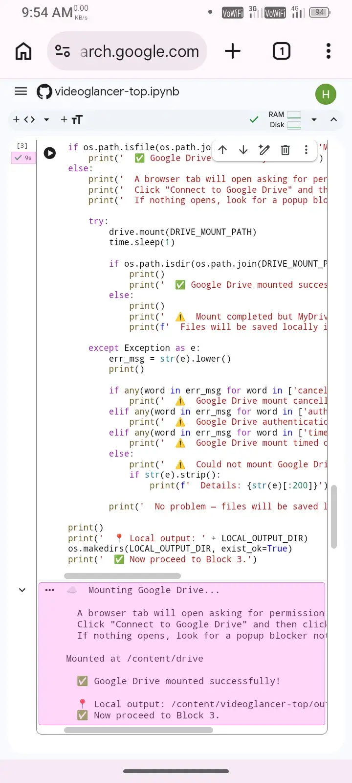 Google Drive successfully connected Block 2 executed with Drive mounted