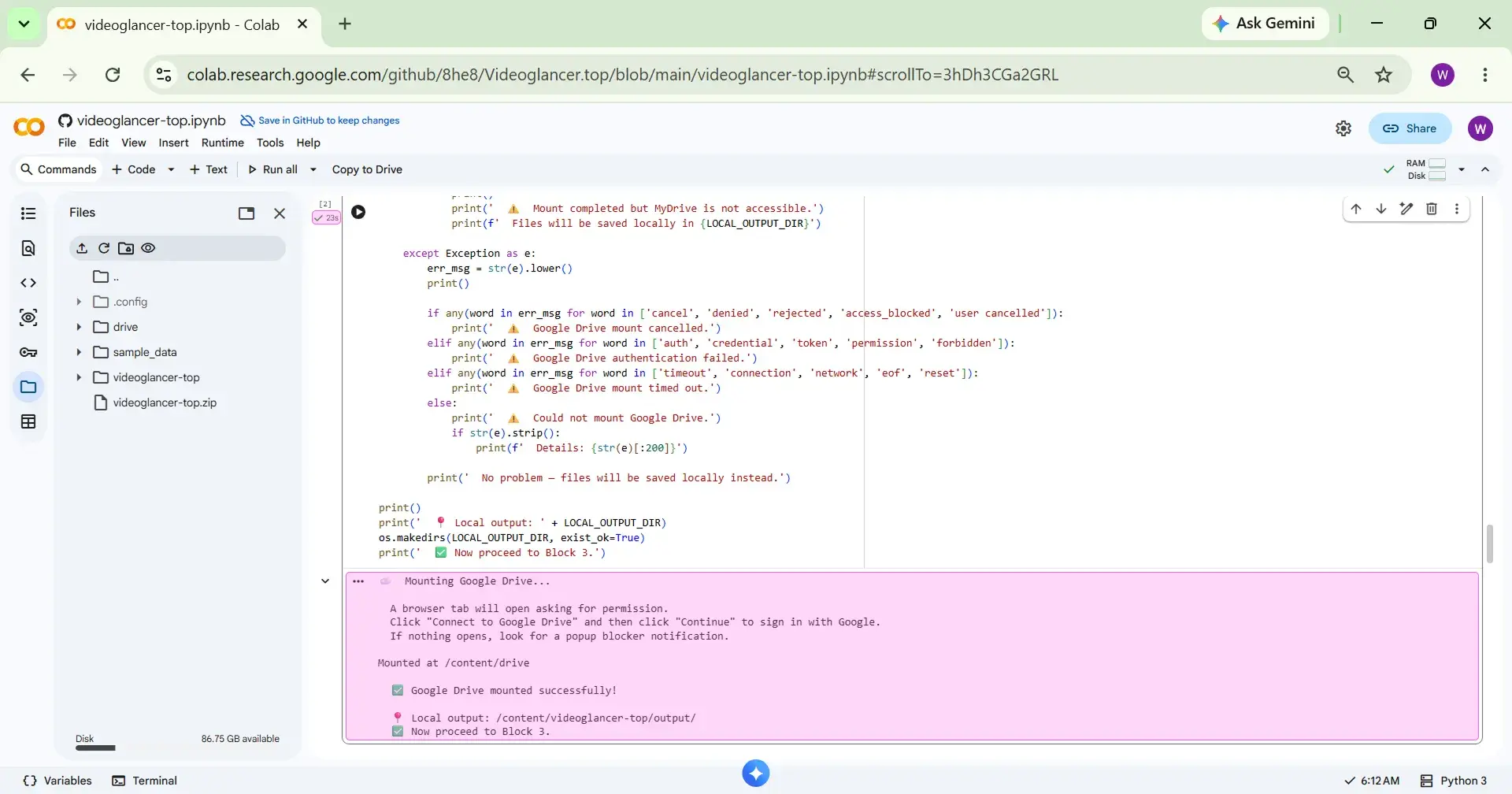 Google Drive successfully connected Block 2 executed with Drive mounted