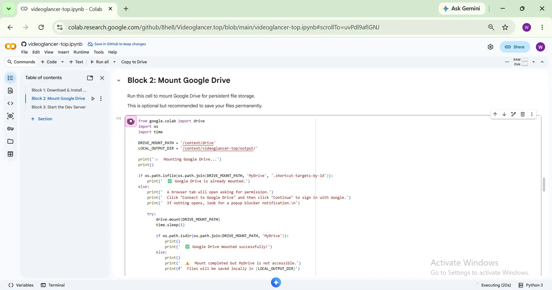 Second code block running Block 2 executing