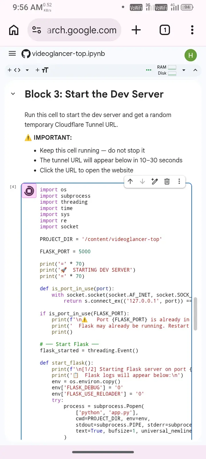 Flask server running continuously Block 3 executing