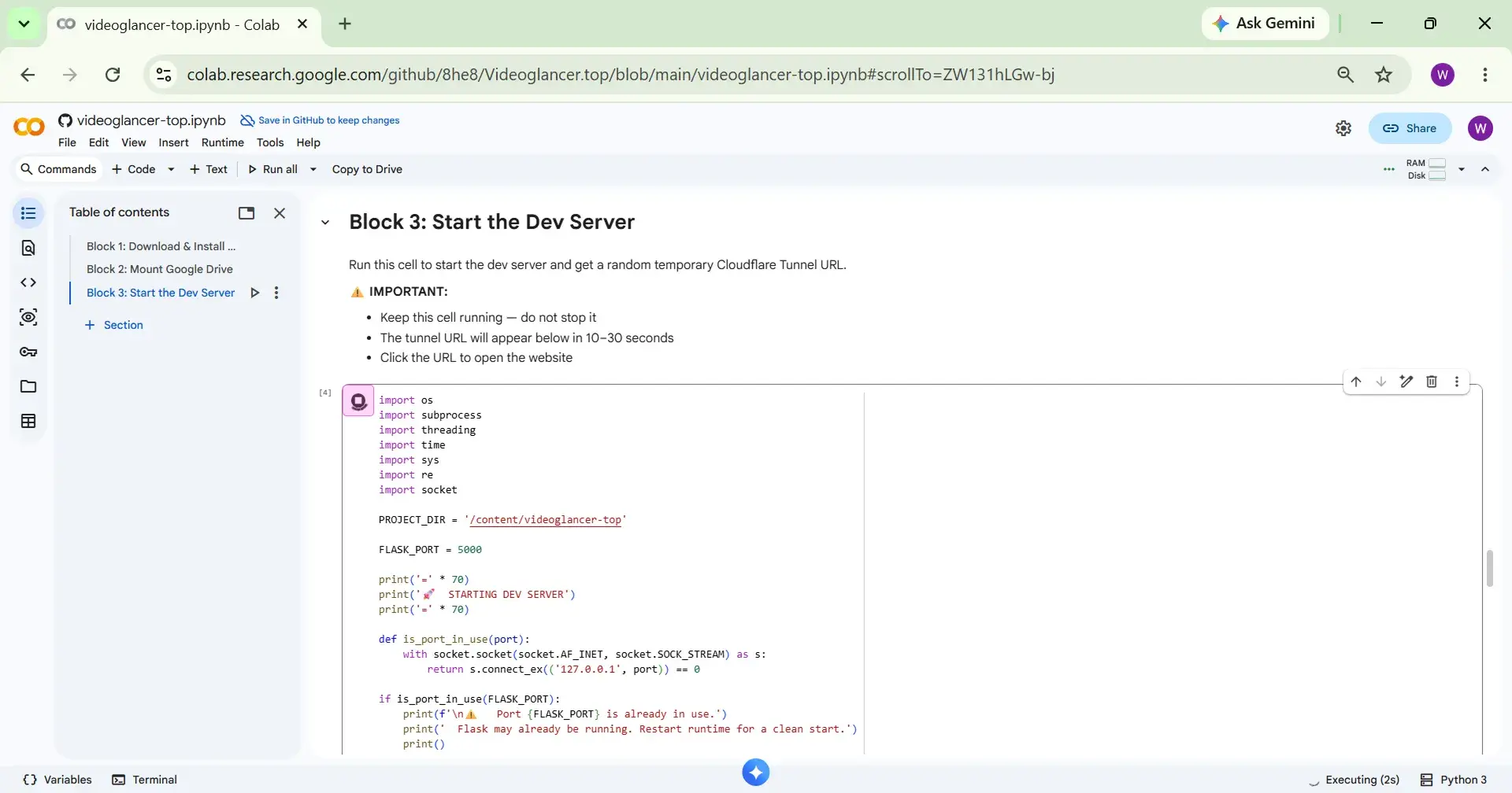 Flask server running continuously Block 3 executing