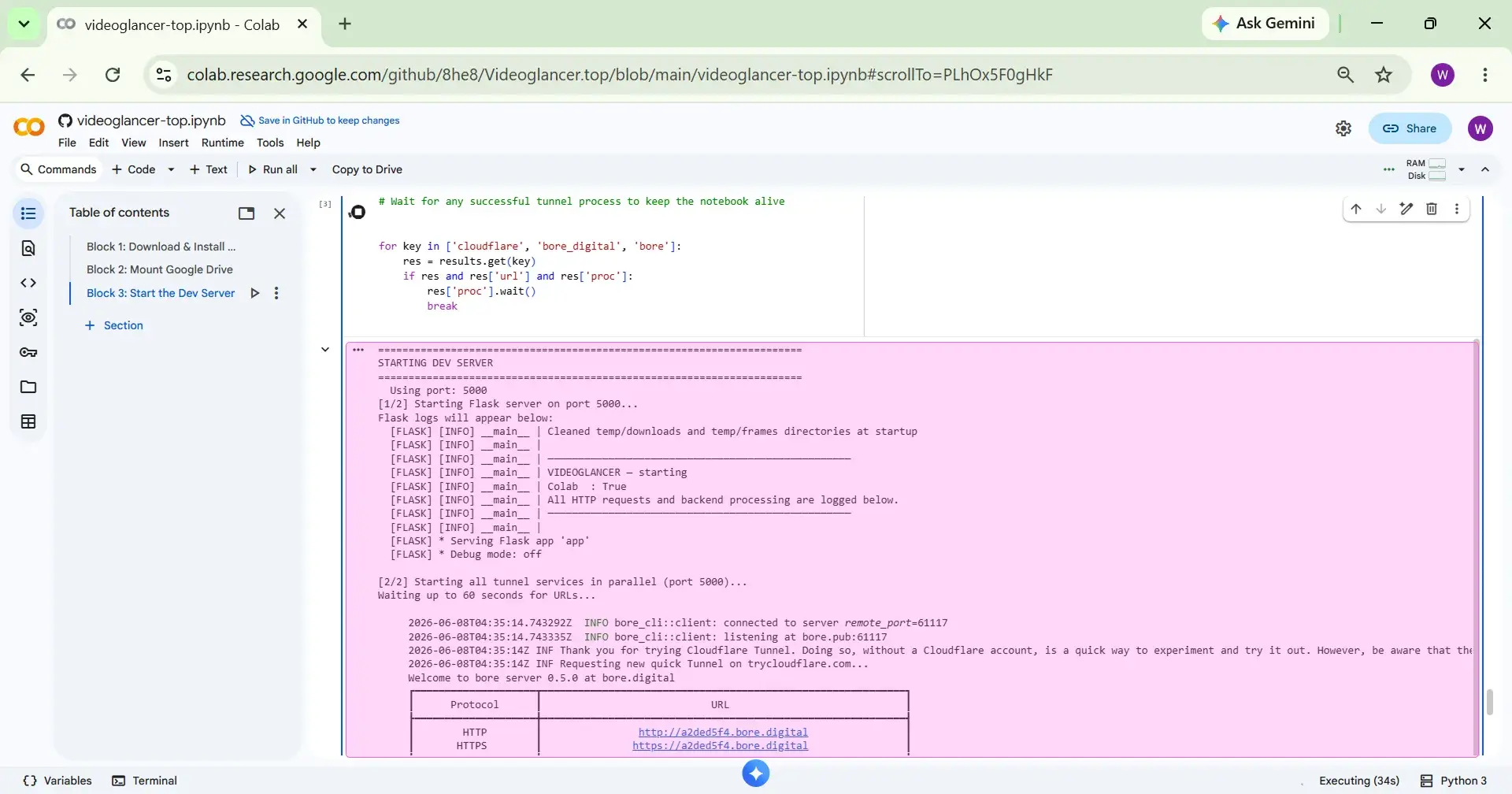 Server startup messages Block 3 execution logs