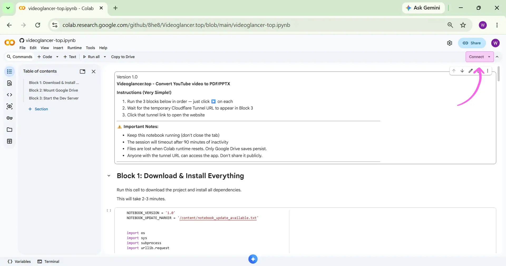 Connect to allocate runtime Click the Connect button