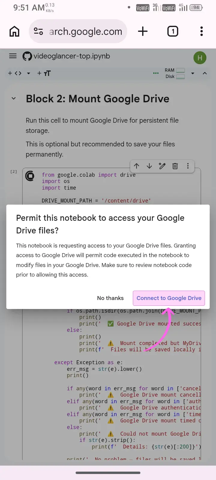 Grant Google Drive access Connect to Google Drive popup