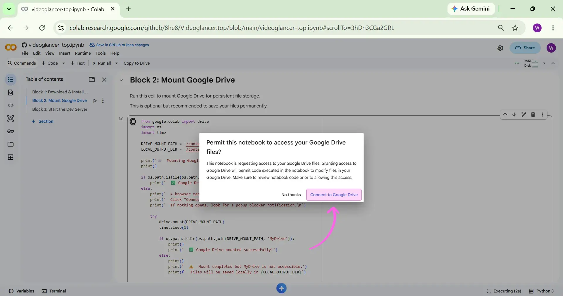 Grant Google Drive access Connect to Google Drive popup