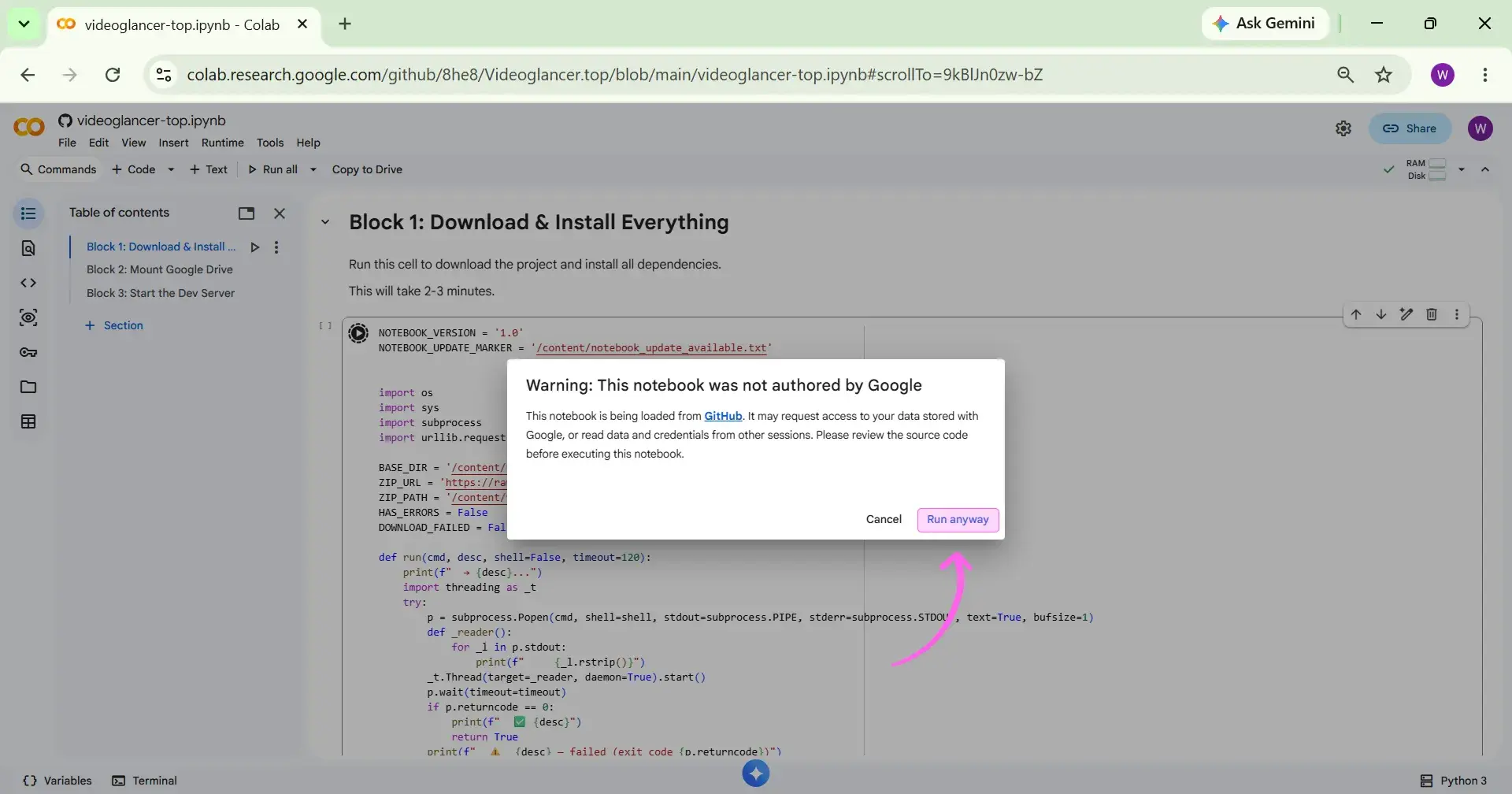 Confirm execution Click Run anyway