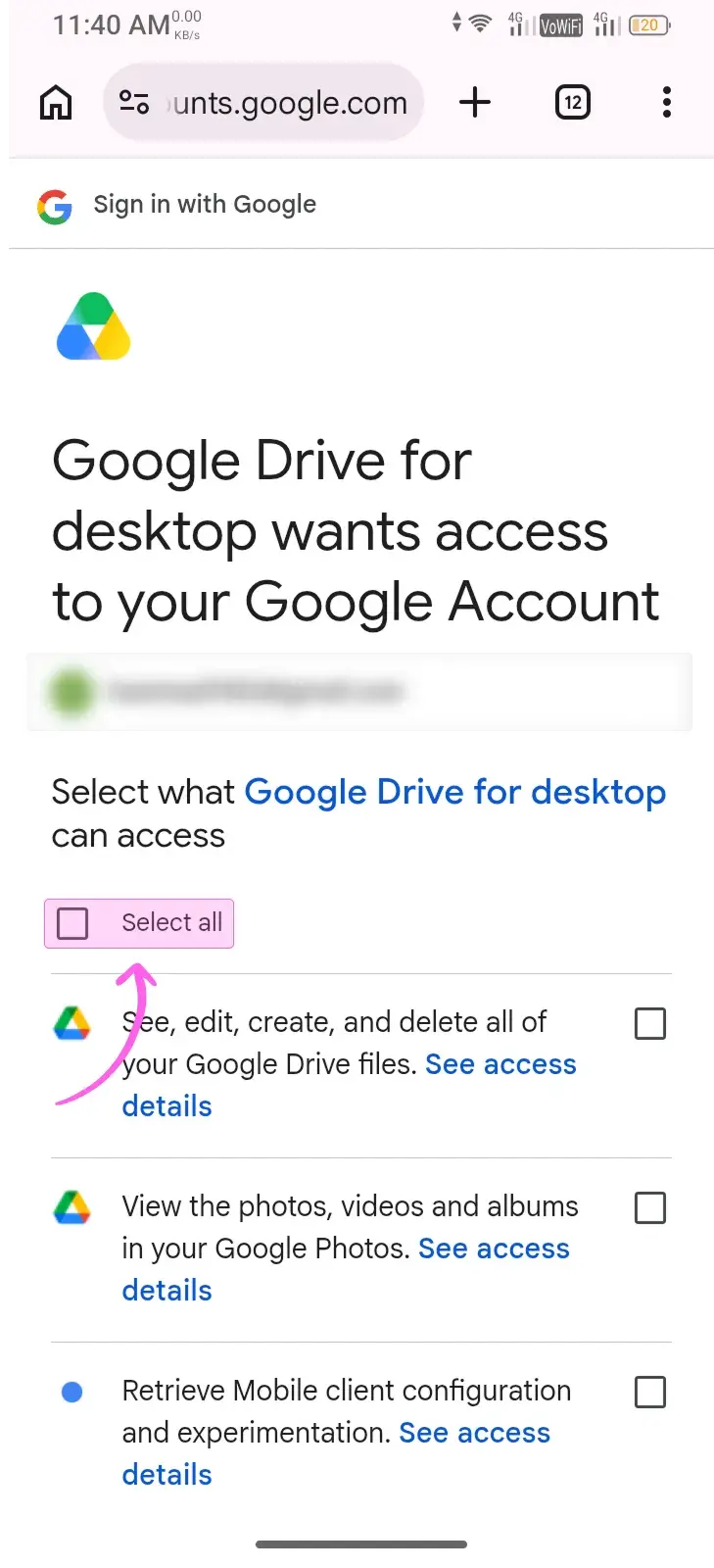 Select all permissions Click Select all