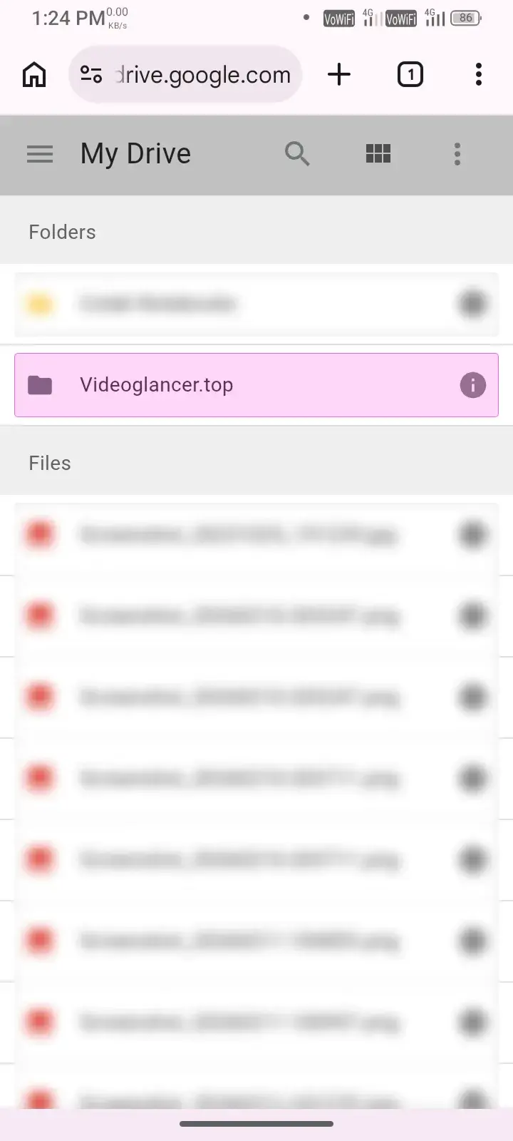 Folder inside My Drive Videoglancer.top folder listed
