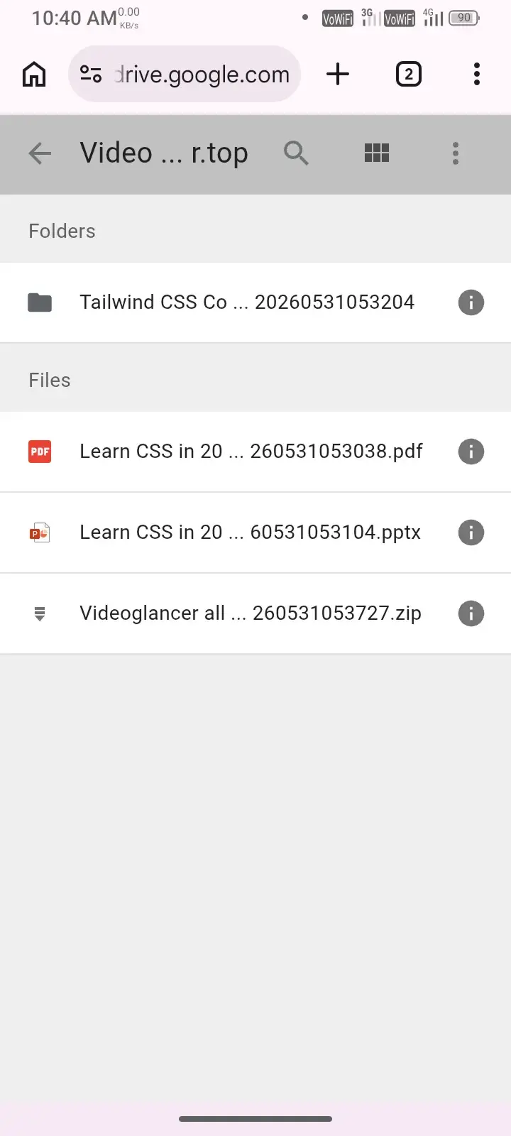 Saved files in Drive folder Videoglancer folder contents