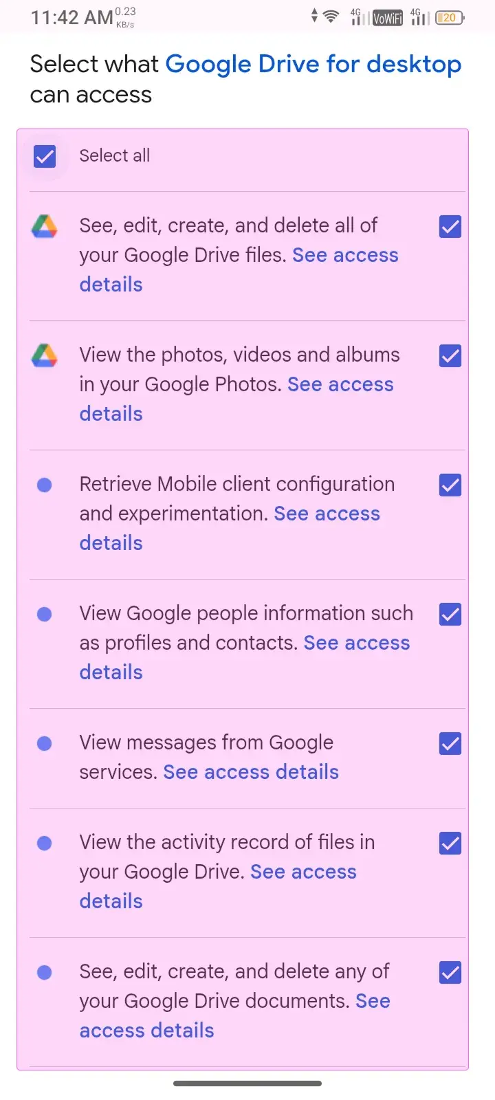 All permissions granted All checkboxes selected
