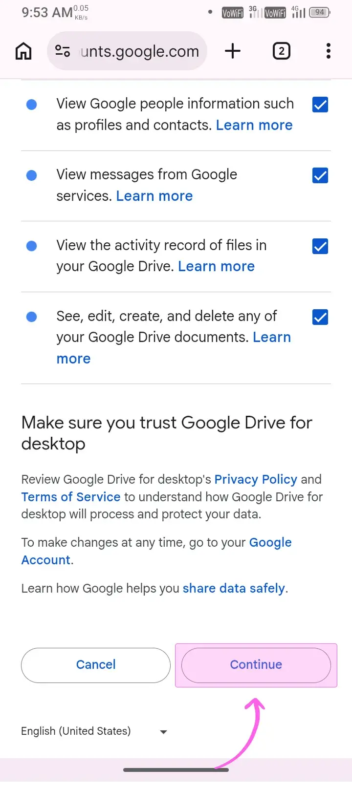 Confirm account permissions Click Continue to confirm