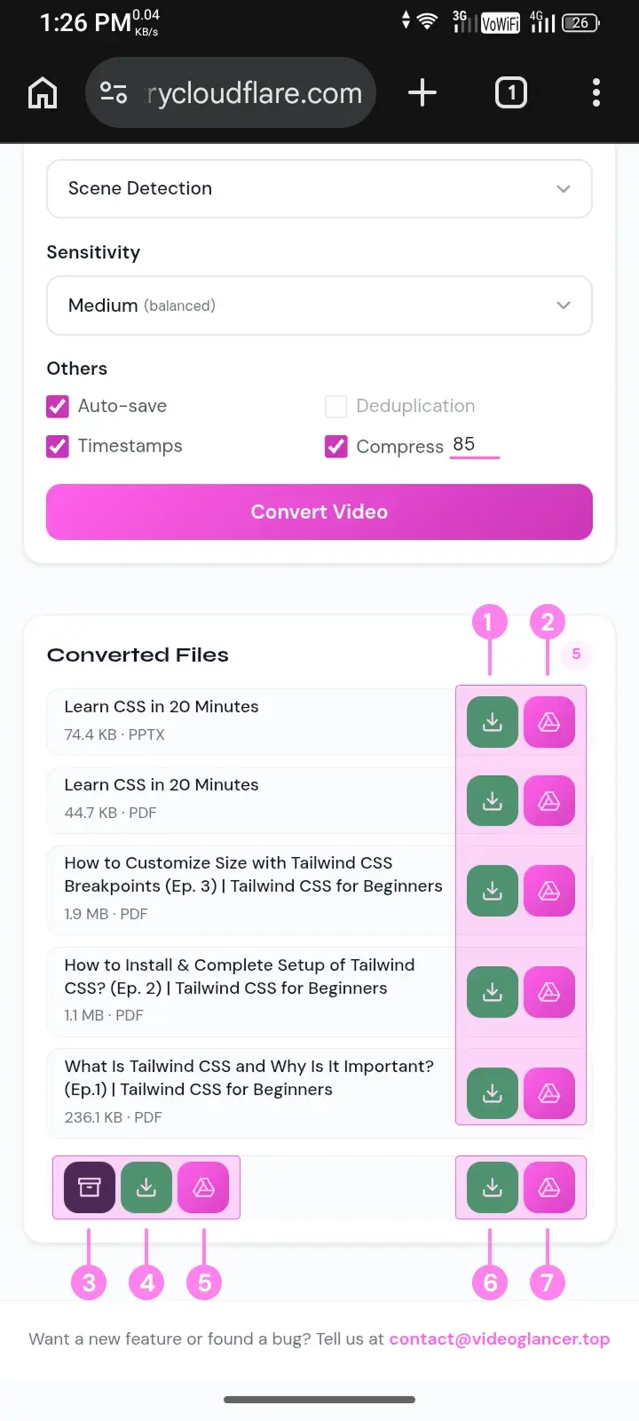 Download and save options Converted files list