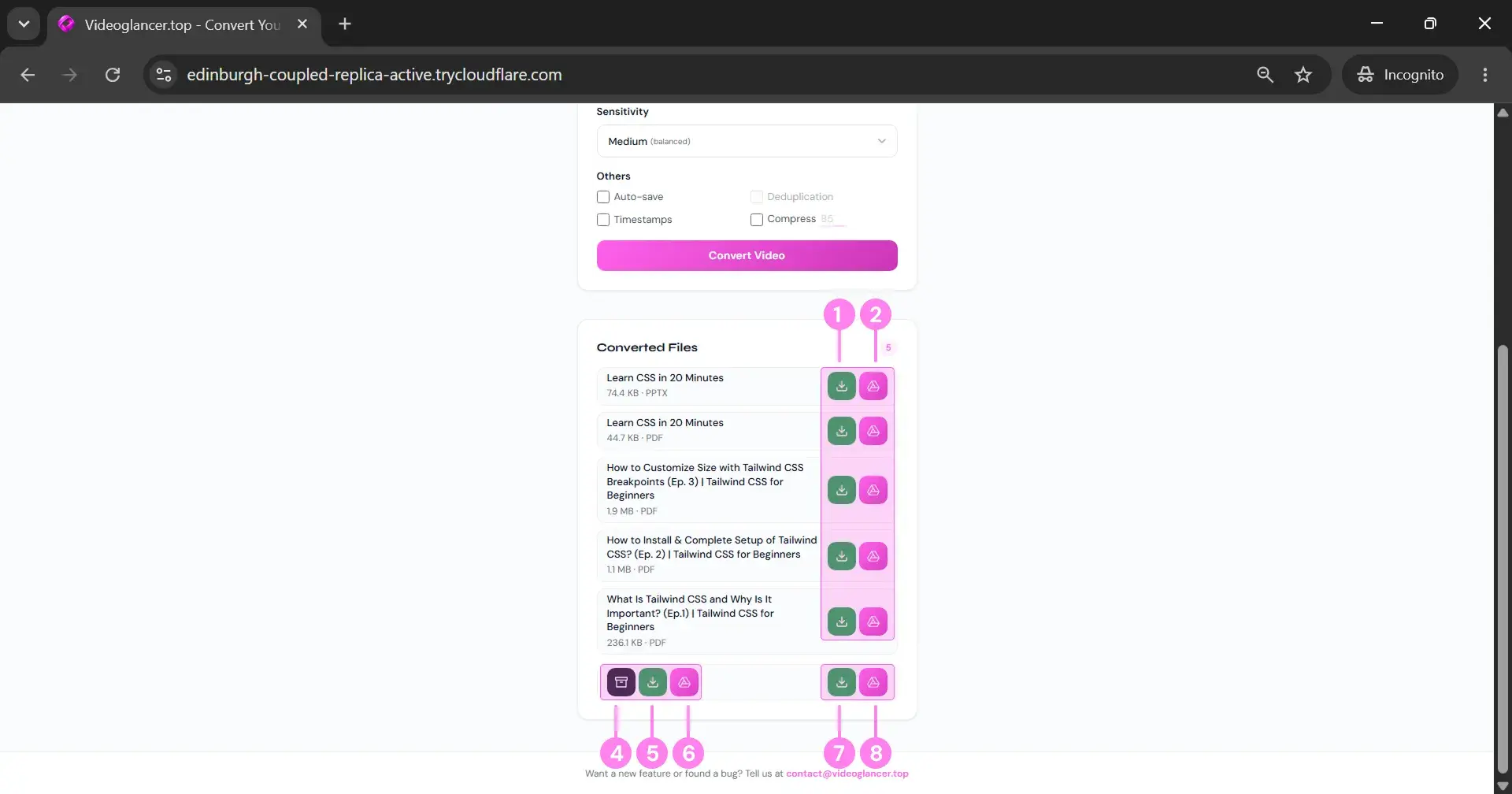 Download and save options Converted files list