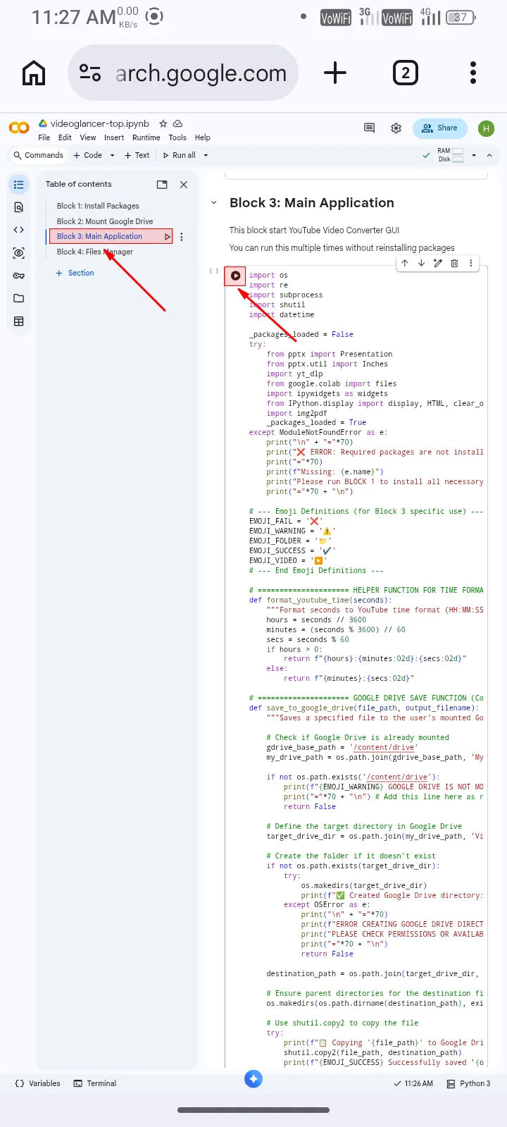 Click block 3 and execute it mobile