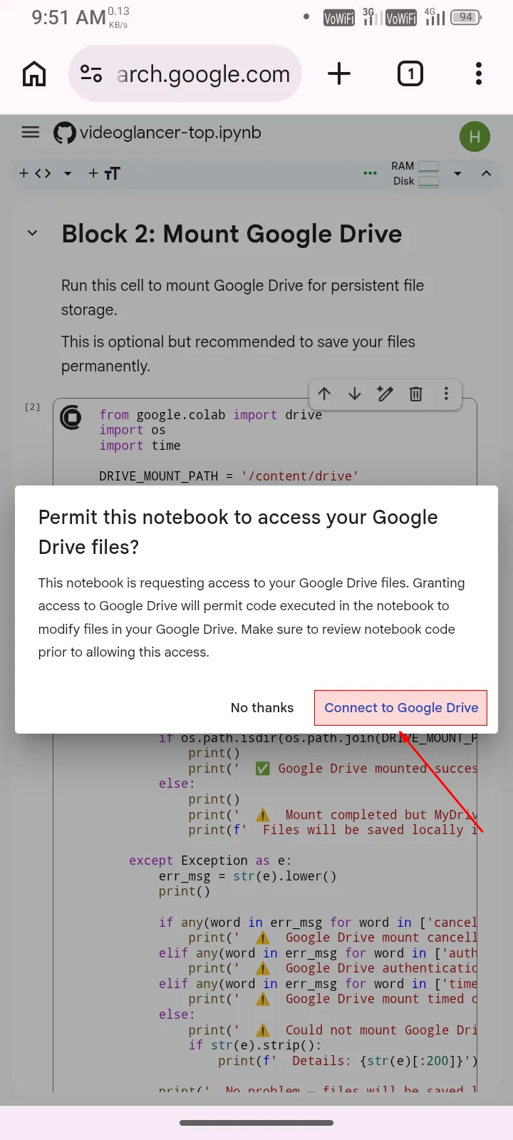 Click connect to google drive mt