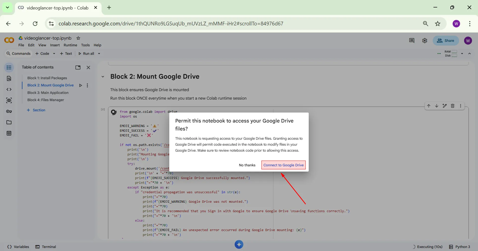 Click connect to google drive pc