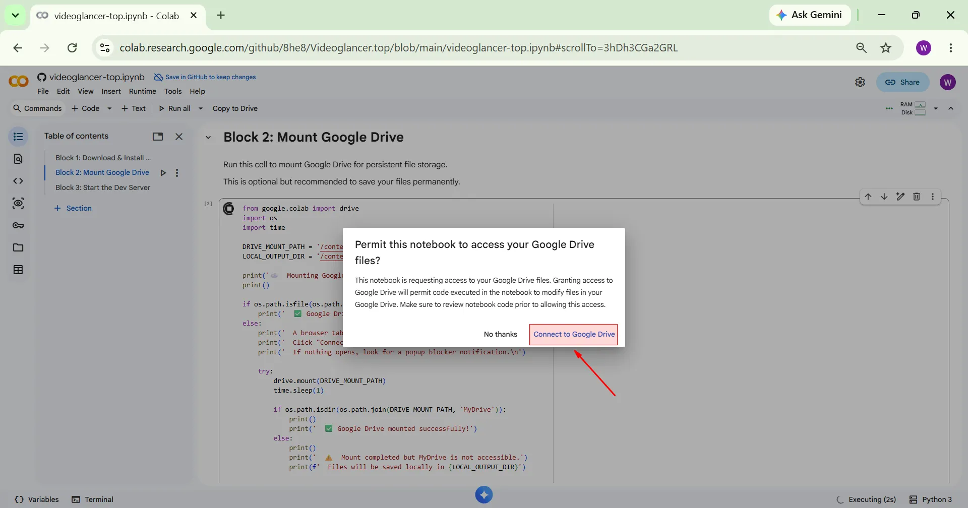 Click connect to google drive pt