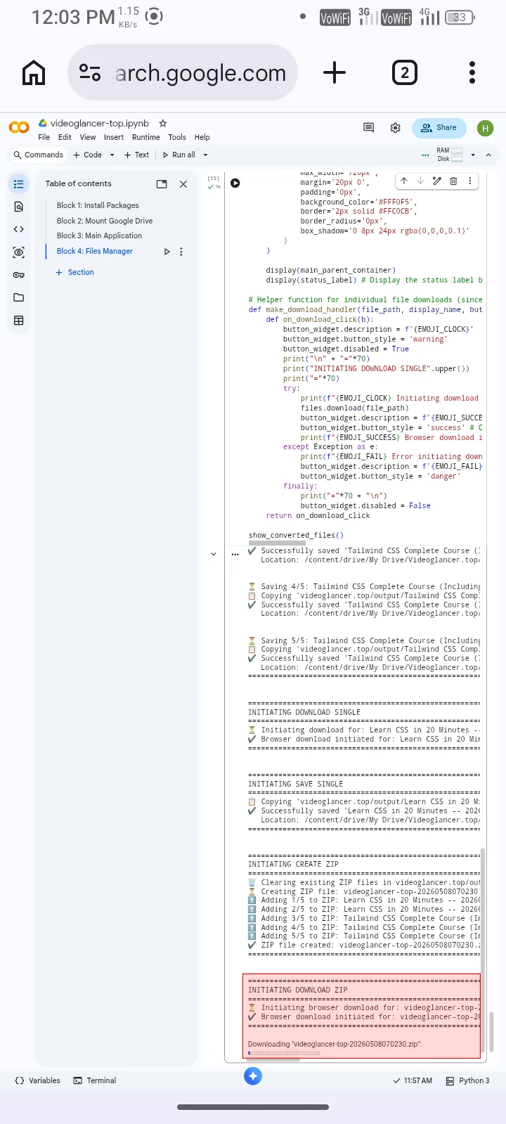 Download zip logs mobile