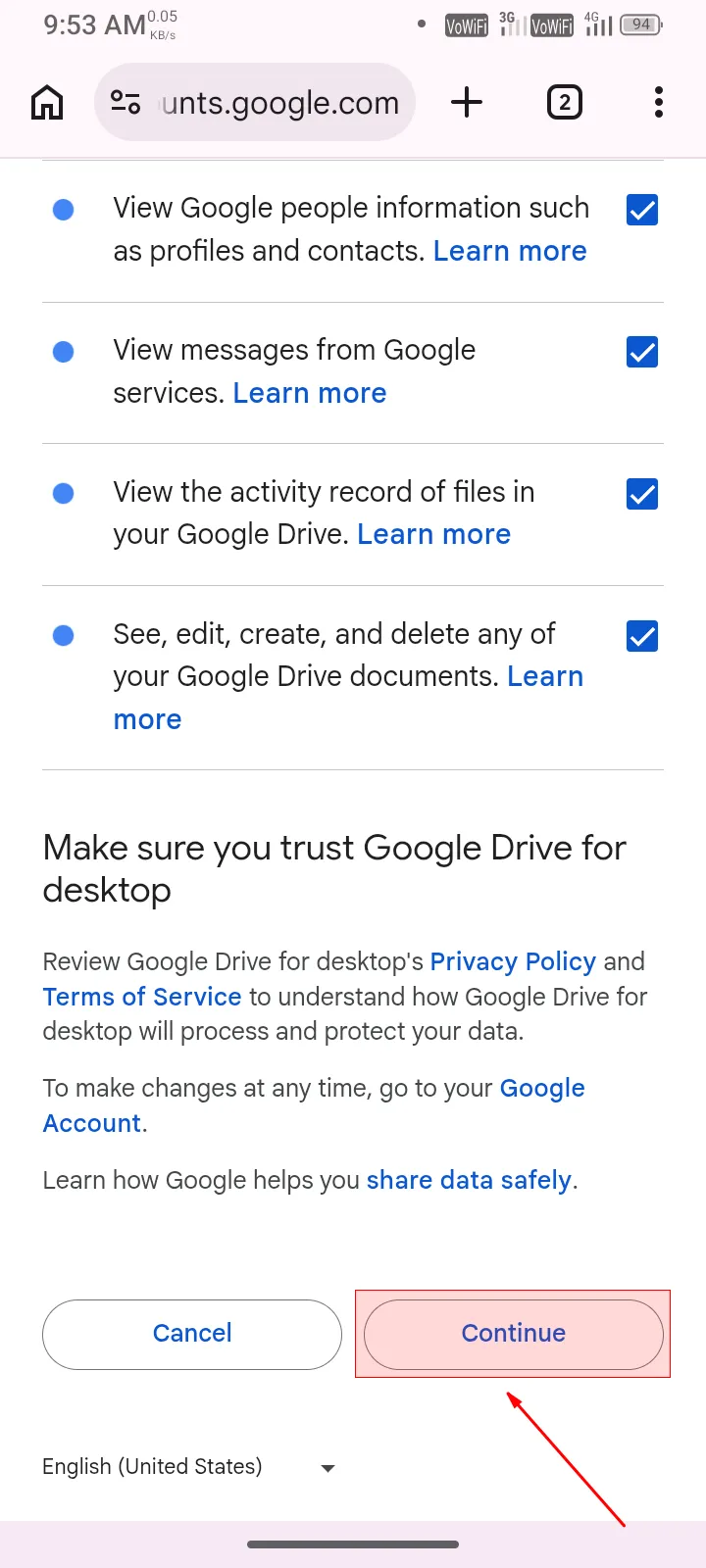 Google sign in click continue mt
