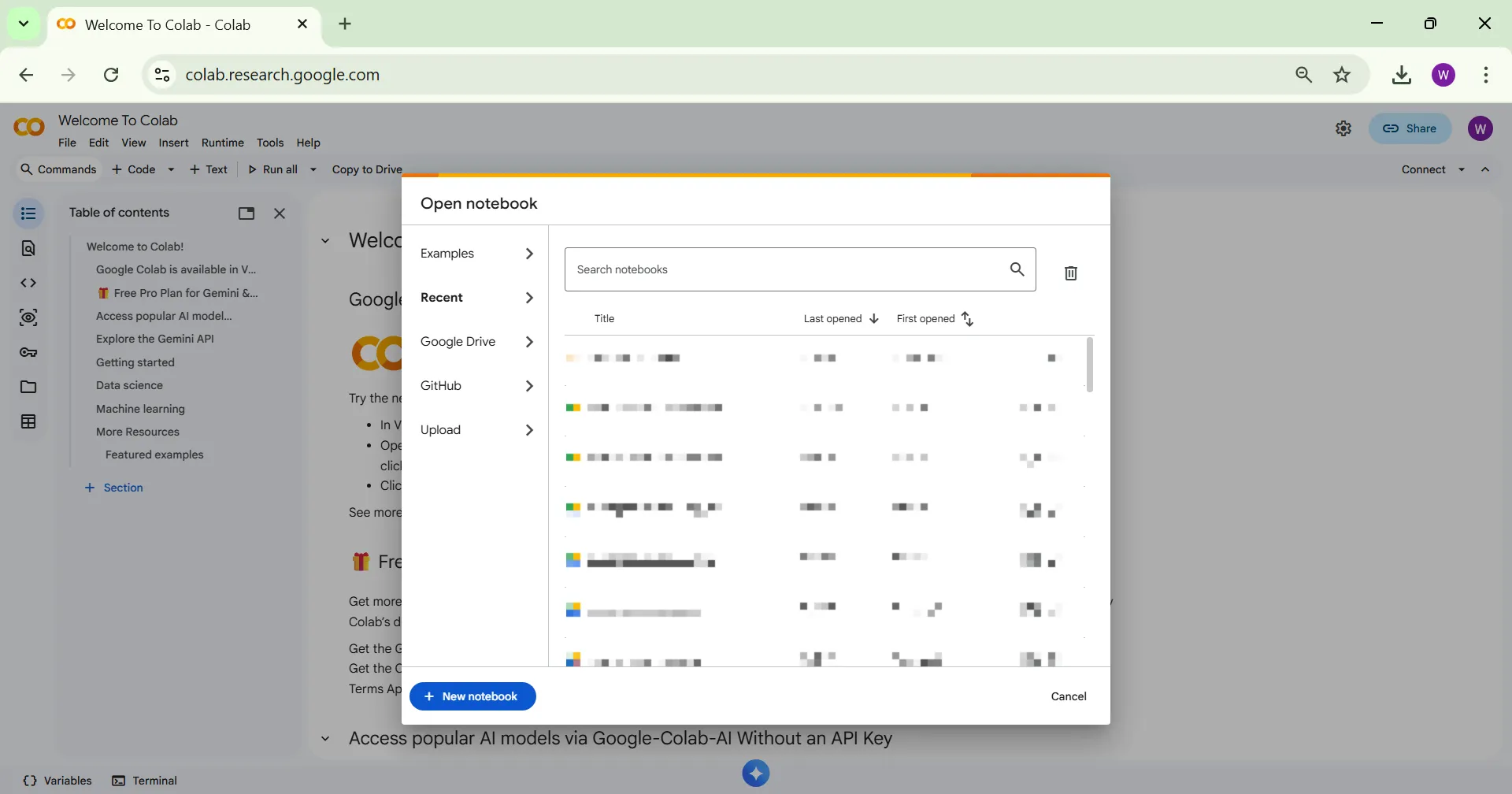 Open google colab pc